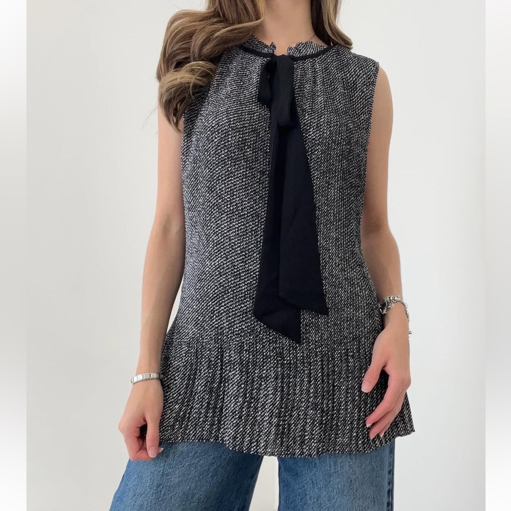 DKNY Women's Sleeveless Pleated Top With Neck Tie Blouse